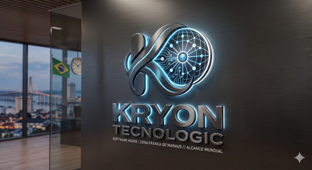 Sede da Kryon Tecnologic — logotipo iluminado na parede com vista para Manaus